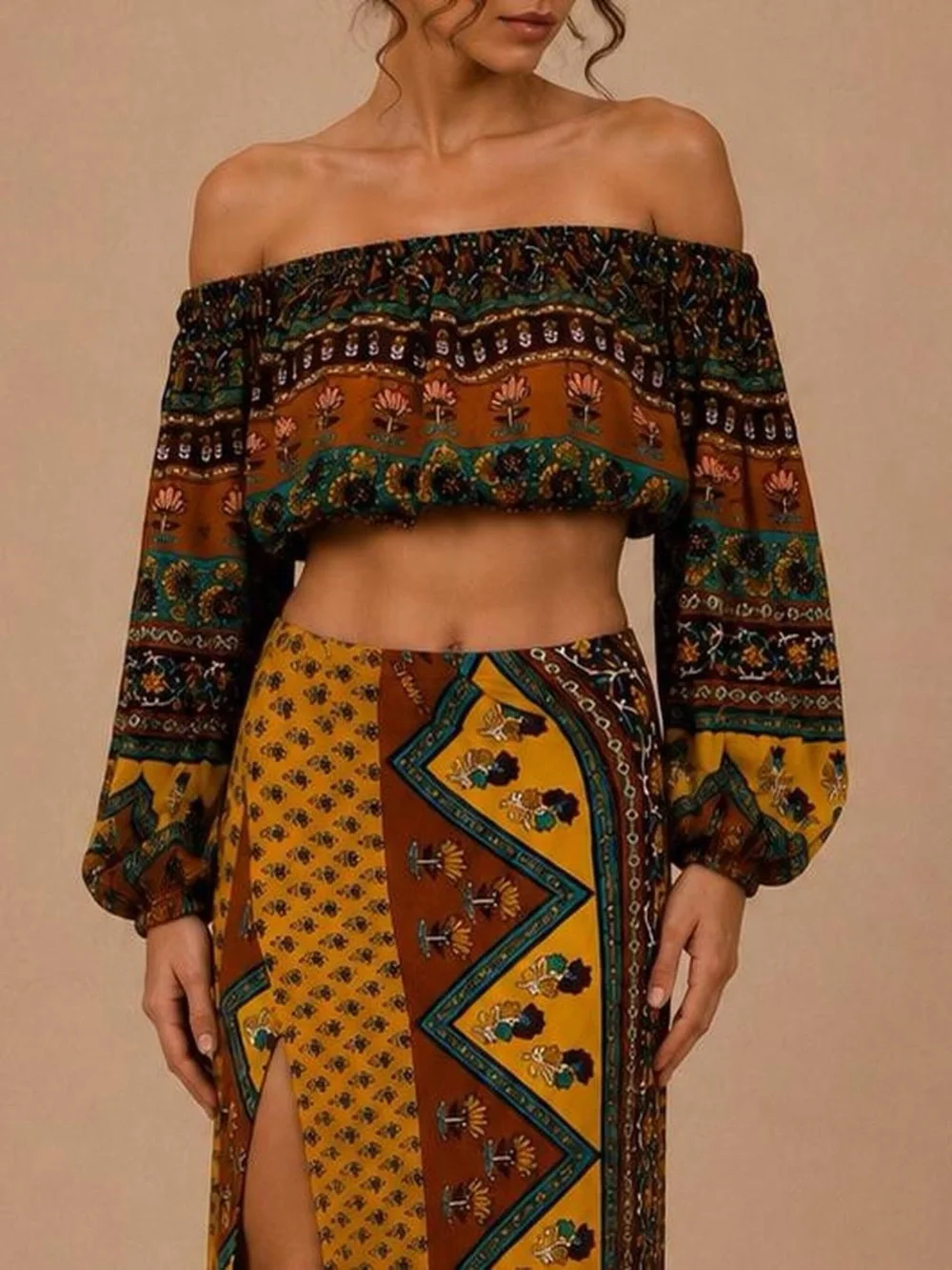 Novella Royal Boho 2 Piece Set Small Patchwork Maxi Skirt Crop Top Festival Y2K